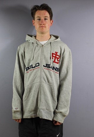 VINTAGE POLO RALPH LAUREN HOODIE IN GREY WITH EMBROIDERED LO