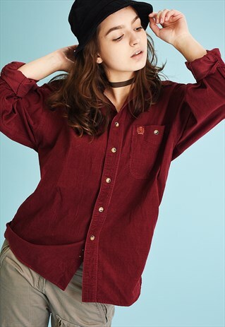 90'S RETRO CORDUROY OVERSIZED MAROON SHIRT TOP