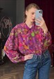  Magenta Floral blouse, Button up Puff sleeve Oversize shirt