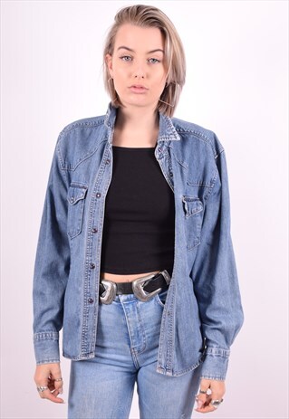 LEE WOMENS VINTAGE DENIM SHIRT MEDIUM BLUE 90'S