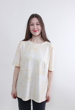 Vintage Geometric t-shirt, yellow summer top LARGE size 