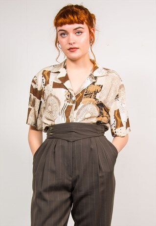 VINTAGE 90'S BEIGE ABSTRACT PATTERN SHORT SLEEVE SHIRT