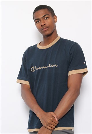 VINTAGE CHAMPION BIG SPELL OUT LOGO T-SHIRT BLUE