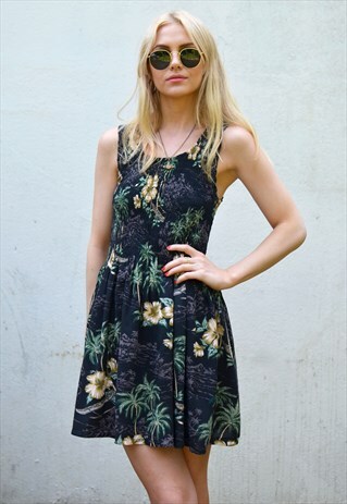 VINTAGE 90S BLACK FLORAL PATTERN SUMMER MINI DRESS