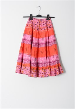 Vintage 90s Pink Orange Ornamental Midi Skirt