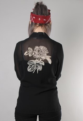 VINTAGE 80S SHEER FLORAL PRINT SHIRT BLOUSE