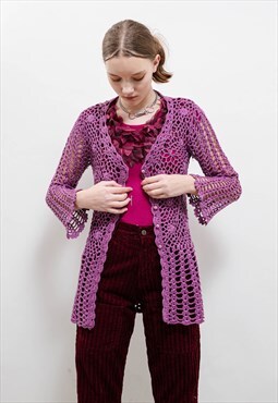 Vintage Y2k Boho Purple Net Crochet Floral Beaded Cardigan