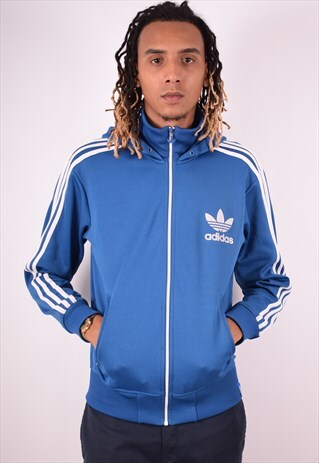 ADIDAS MENS VINTAGE HOODIE JACKET MEDIUM BLUE 90S
