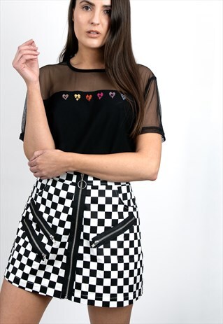 'CHECKERBOARD' ZIP PRINTED BLACK AND WHITE MINI SKIRT