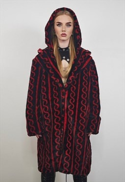 Geometric fleece coat red hooded Arabic long trench jacket