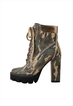 Camo Round Toe Platform Lace Chunky High Heels Ankle Boots