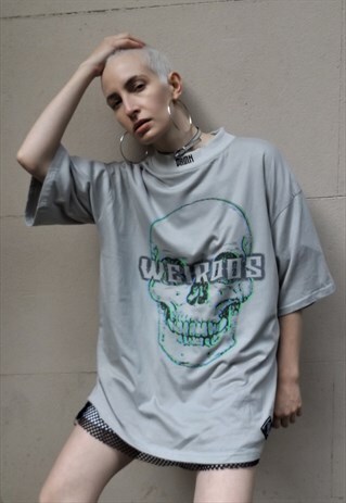 LOOSE FIT OVERSIZE DISTORTED FLUORESCENT SKULL PRINT TEE TOP
