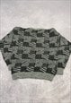 VINTAGE KNITTED JUMPER ABSTRACT PATTERNED GRANDAD SWEATER