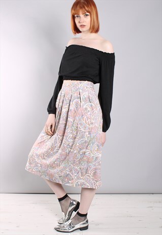 VINTAGE 80S PASTEL PAISLEY PATTERNED PLEAT FRONT MIDI SKIRT