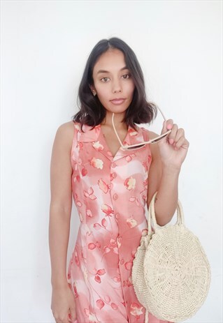 RED AND ORANGE FLORAL PRINT BUTTON UP DRESS