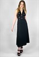 70'S VINTAGE BLACK LADIES HALTER NECK EMBROIDERY MIDI DRESS
