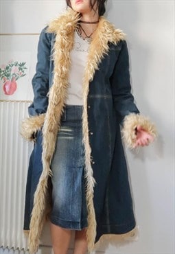 vintage y2k afghan penny ane faux fur denim coat
