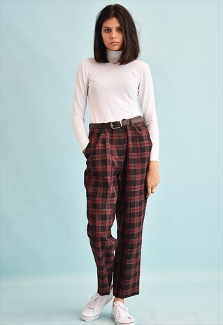 90'S RETRO CHECKED PATTERN REGULAR WAIST WOOLEN TROUSERS