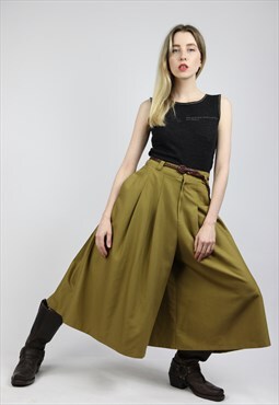 Vintage 90s Wide Leg Flare Trousers Culotte Pants Lime Green