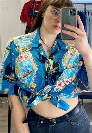 VINTAGE 90S SHIRT HAWAIIAN SHORT SLEEVED IN BLUE W PATTERN