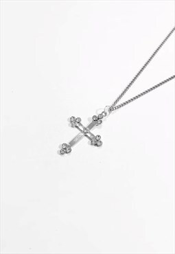 Women's Ornate Iced Cross Pendant  Necklace Chain - Silver