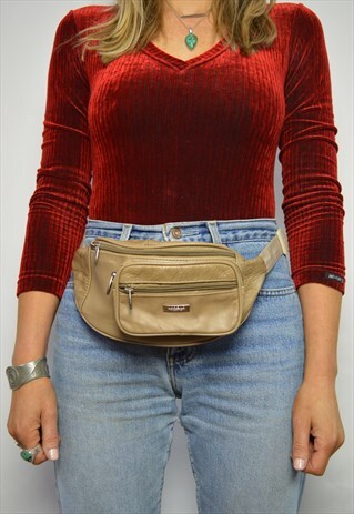 VINTAGE 90S BEIGE LEATHER BUM BAG FANNY PACK GRUNGE RETRO