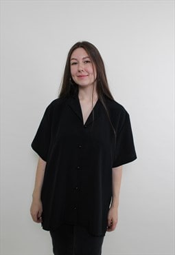 90s minimalist black blouse, vintage short sleeve button up 