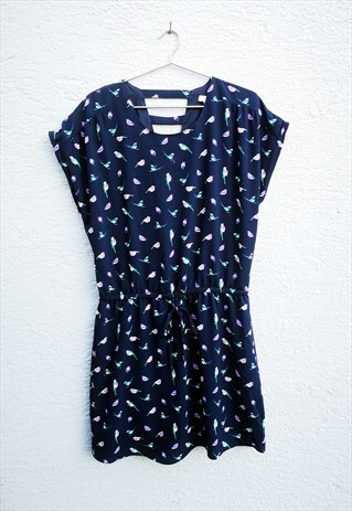 VINTAGE 90S SHORT SLEEVE PARROT BIRDS MIDI DRESS