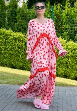 Cherry Print Flounce Dress, Summer Satin Maxi Dress