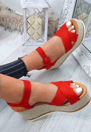 WOMENS PLATFORM SANDALS ESPADRILLE FLATFORMS RED SHOES
