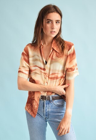 90'S RETRO ABSTRACT PRINT SHEER MOMS BLOUSE TOP