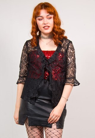 VINTAGE 90'S BLACK FLORAL LACE MESH FRILLY BLOUSE JACKET