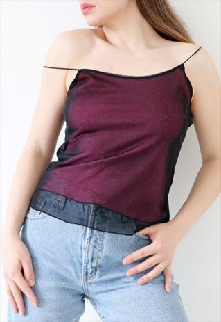 VINTAGE 90S MESH OVERLAY CAMI TOP GLAM GRUNGE PINK BLACK