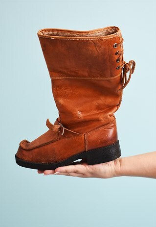 VINTAGE 70'S RETRO FAUX LEATHER LACE-UP WINTER BOOTS