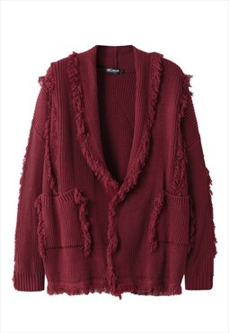 Distressed cardigan shredded jumper ripped sweater in red