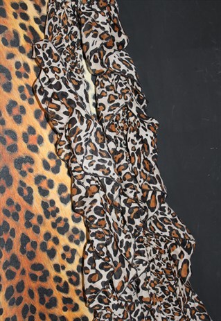 90S VINTAGE ANIMAL PRINT CLASSIC LONG RUFFLE NECK SCARF