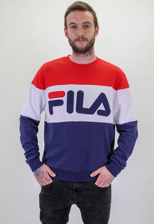 VINTAGE FILA LARGE LOGO SWEATER IN BLUE WHITE RED LARGE
