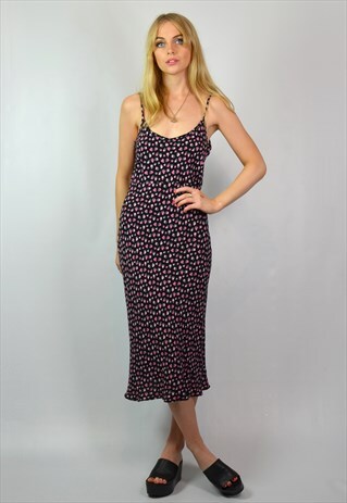 VINTAGE 90S SUMMER BLACK & PINK HEART MIDI SLIP DRESS