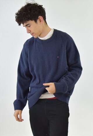 VINTAGE 90S BLUE GREY TOMMY HILFIGER KNIT SWEATER