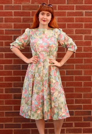 VINTAGE 80S MIDI DRESS PASTEL GREEN PINK FLORAL LEAF SUMMER
