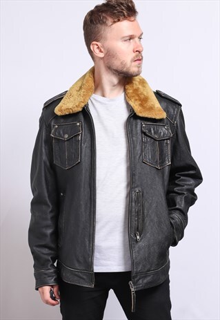 VINTAGE LEATHER AVIATOR JACKET BLACK