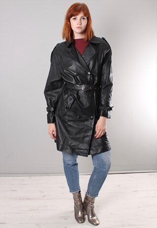 VINTAGE 80S BLACK SOFT LEATHER BELTED COAT