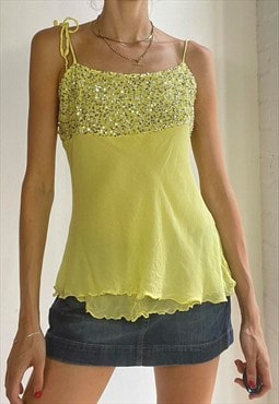 Vintage Y2k Mesh Cami Top Yellow Sequinned Festival Summer