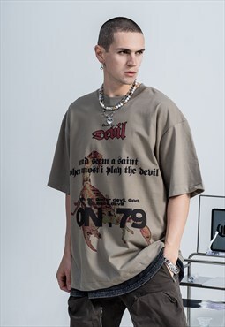 Scorpion print t-shirt Devil slogan top grunge tee in grey