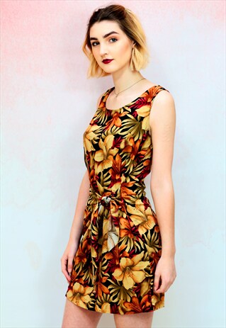 1990S VINTAGE ORANGE AND BROWN TROPICAL MINI WRAP DRES