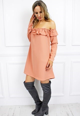 BLUSH BARDOT LONG SLEEVE RUFFLE BOHO MINI DRESS
