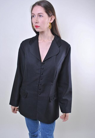 80S VINTAGE EVENING SUIT BLACK LACE BLAZER, SIZE L