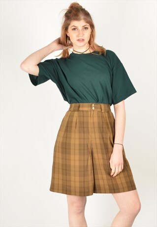 VINTAGE 80S HIGH WAIST CULOTTE SHORTS IN BROWN PLAID CHECK
