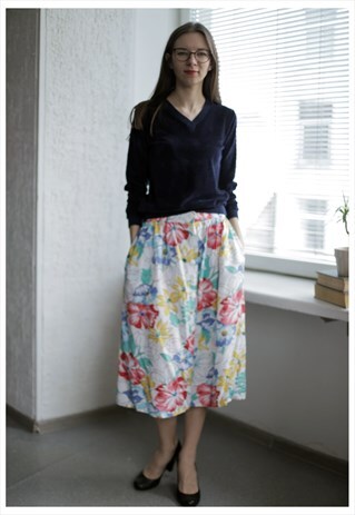 VINTAGE 80'S MIDI MULTICOLOR FLOWER PRINT BUTTONS UP SKIRT