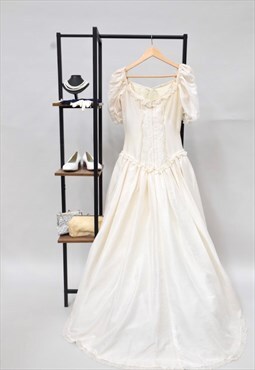 80s Vintage Wedding Dress Cream Puff Sleeve Pearl Bead Lace